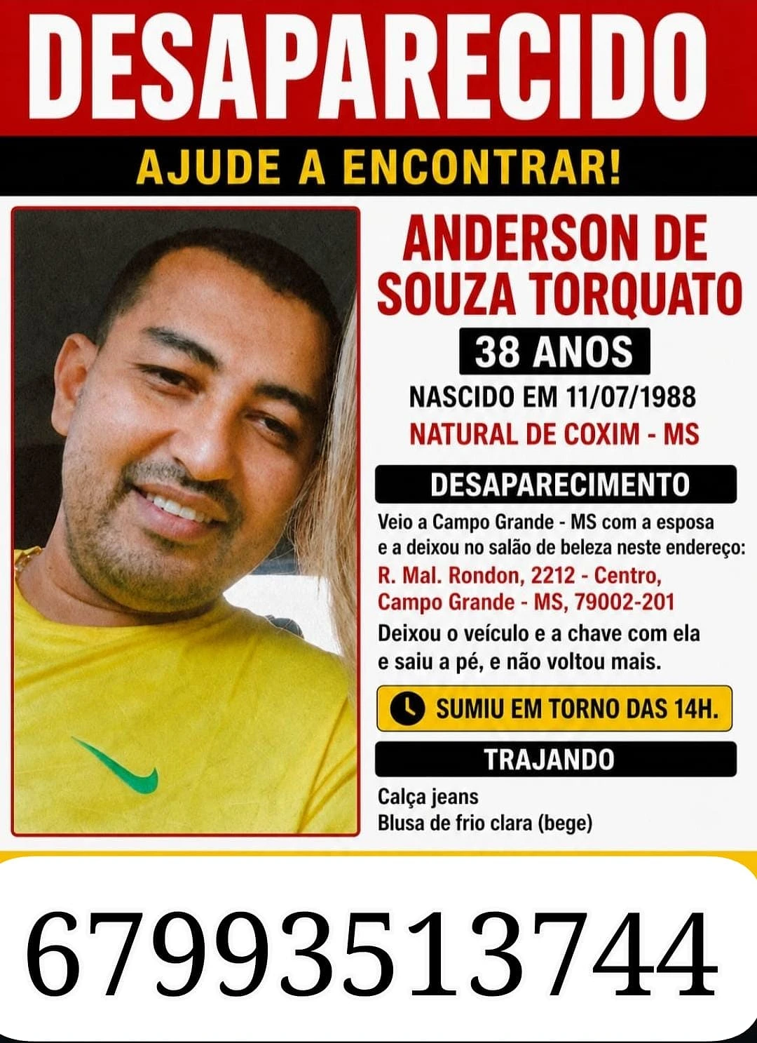 Comerciante de Coxim desaparece após deixar esposa em salão de beleza em Campo Grande