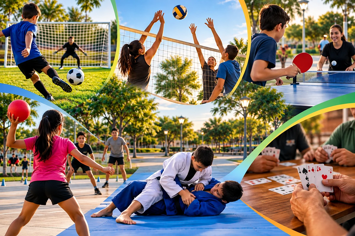 Esporte em Movimento reúne atividades esportivas e recreativas, como futebol, vôlei, tênis de mesa, queimada, jiu-jitsu e jogos de cartas, em São Gabriel do Oeste.